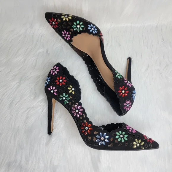 INC International Concepts black pumps pointed toe multi colored floral heels. - Picture 5 of 9